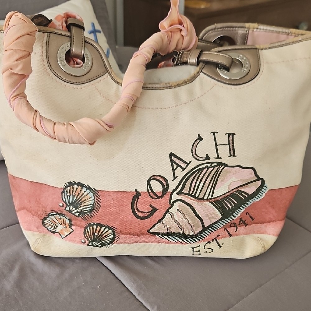 Coach Pink and Cream Tote Bag with Marine Graphics